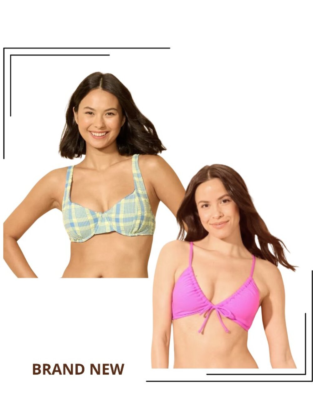 Bundle Set of 2 NWT Bikini Tops Pink Ribbed S Blue Plaid Underwire M